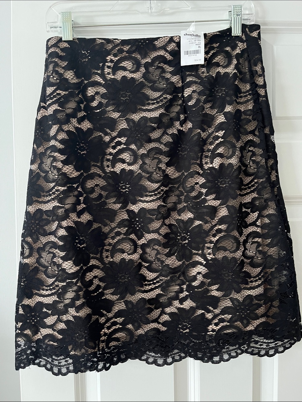 Charlotte Russe Black Lace A-Line Skirt with Nude Underlay
